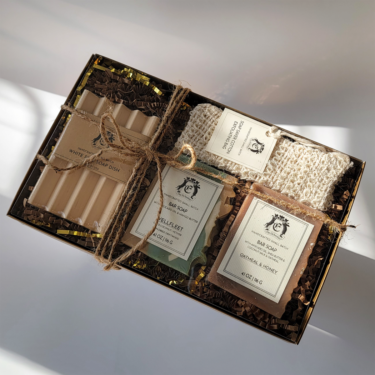 The Elchemist Discovery Soap Set - Wellfleet and Oatmeal & Honey Soap, White Pine Soap Dish and Soap Saver Bag